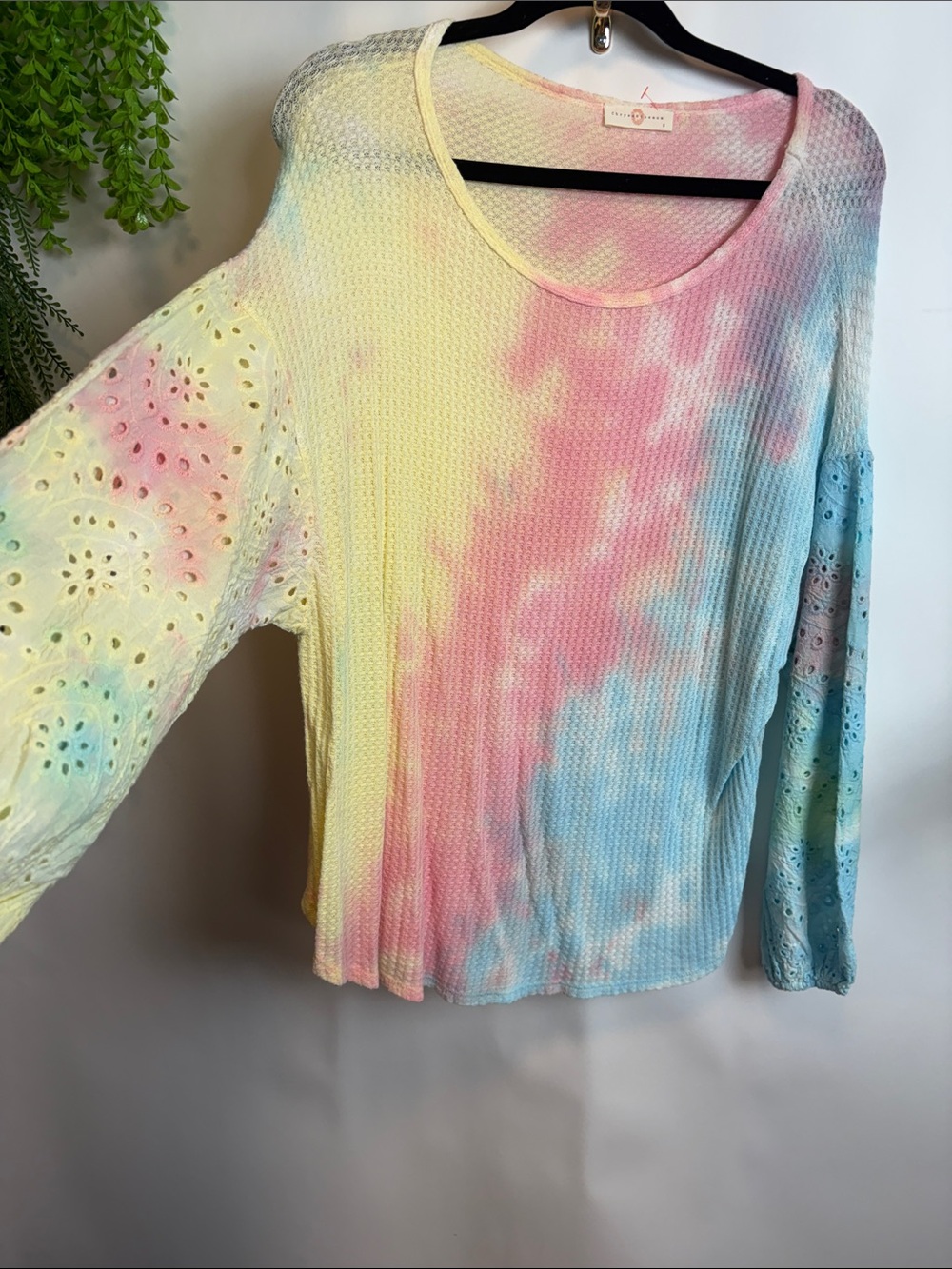 Pastel Tie-Dye Eyelet Sleeve Long Sleeve Top